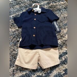 NWT Oshkosh B’gosh Navy Blue Shirt and Tan Shorts Set- size 12 months